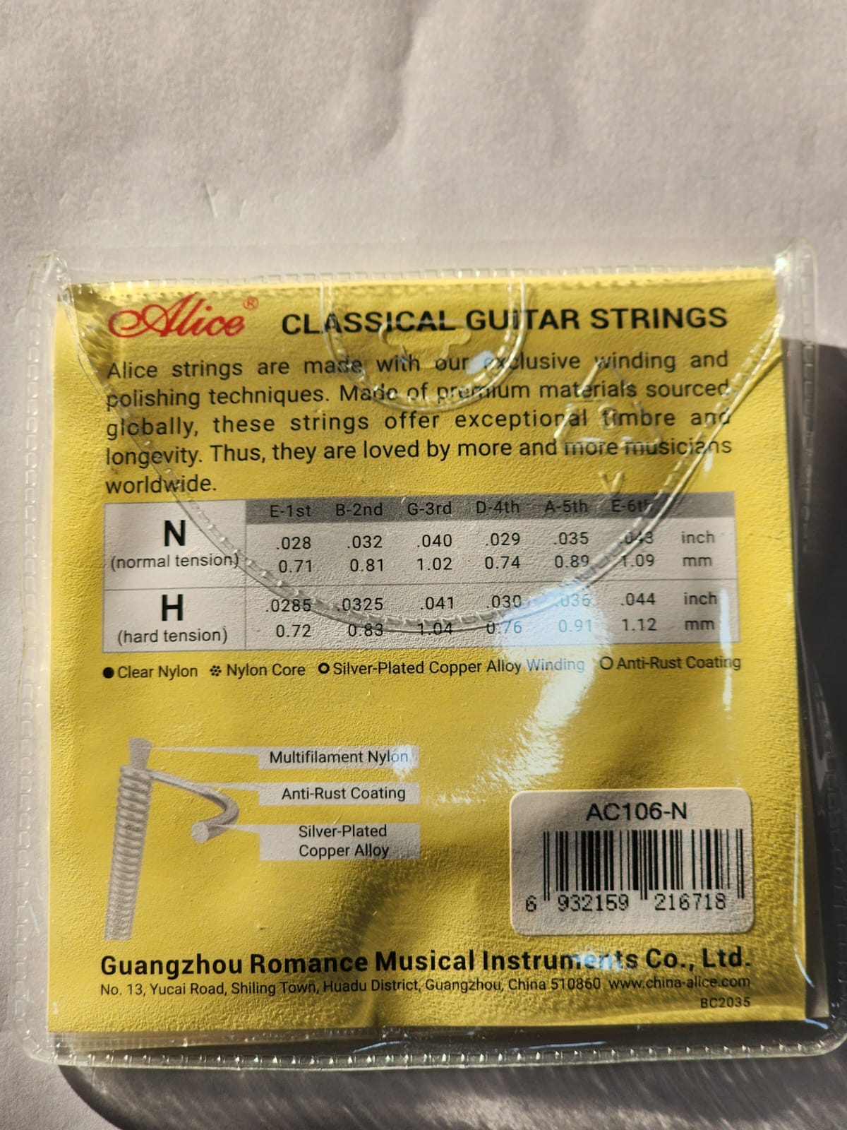 Alice Classical Guitar Strings, Model AC106, Nylon/Silver-Plated Copper Alloy