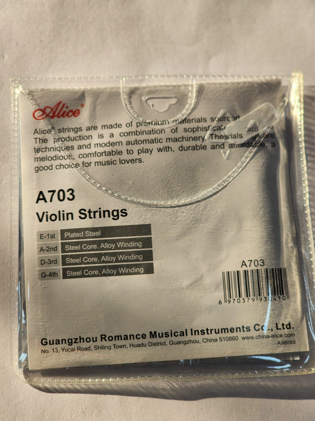 Alice Violin Strings, A703, Steel Core with Alloy Winding